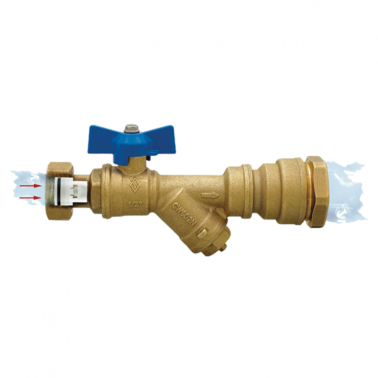 DZR Ball Valve Outlet Female with MDPE Pipe Connection, Female Swivel Nut, Filter & N/R